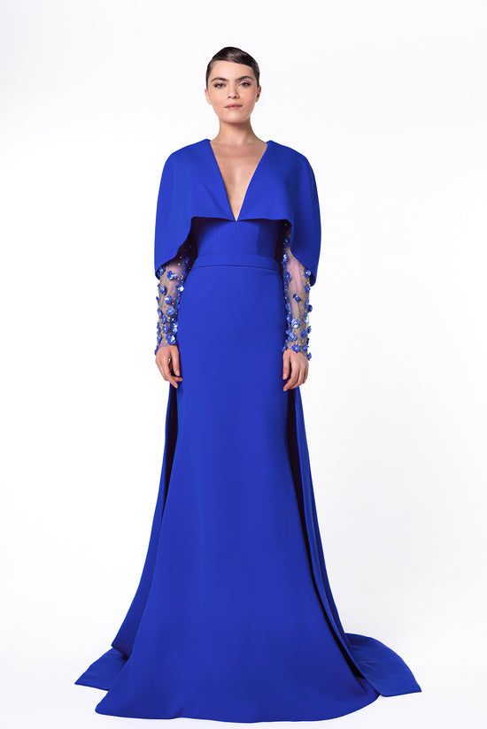 Deep V-Neck Evening Dress with Floral-Embellished Sleeves