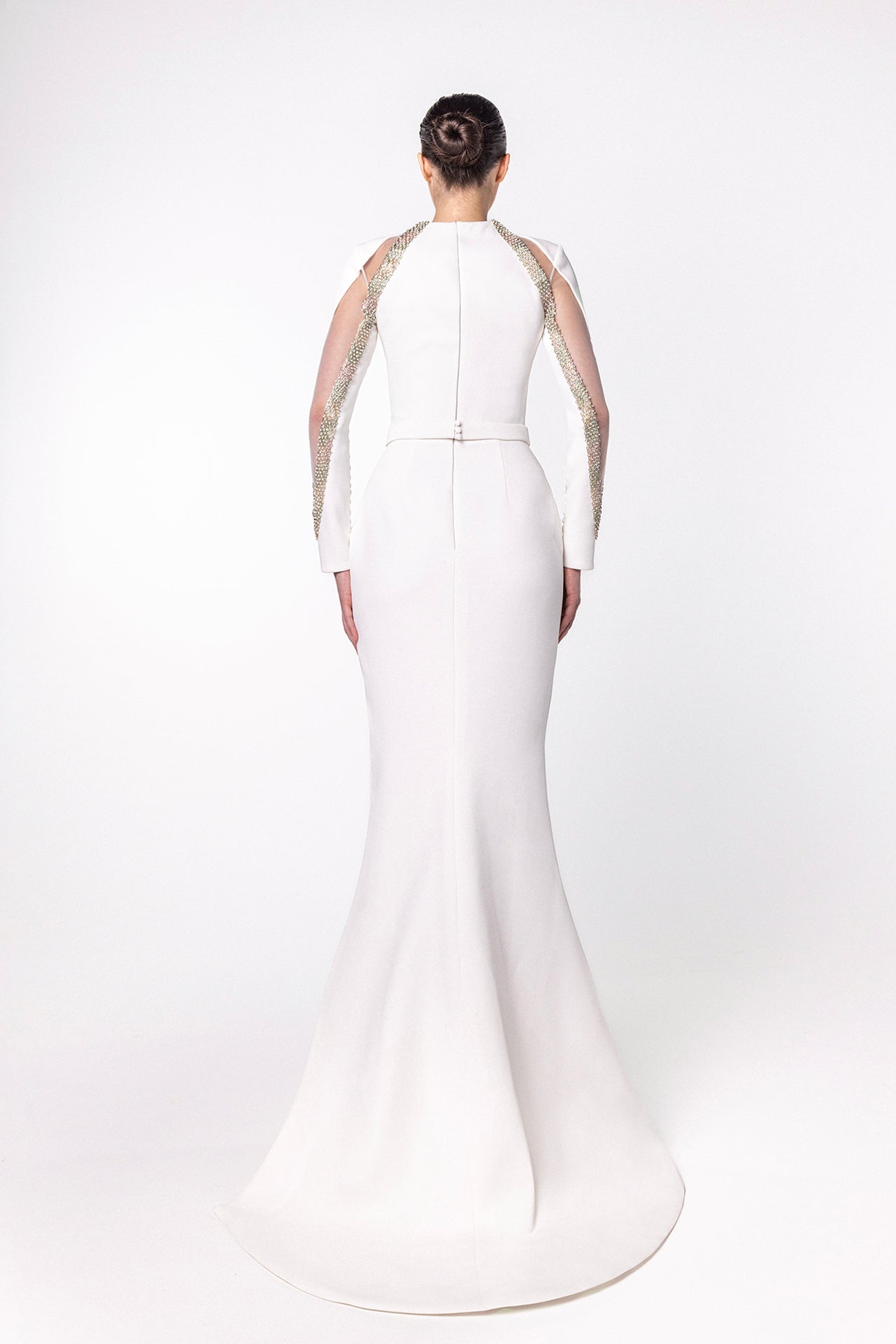 High-Neck Mermaid Dress with Embellished Sleeves and Belted Waistline