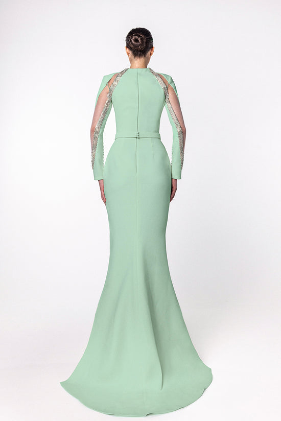 High-Neck Mermaid Dress with Embellished Sleeves and Belted Waistline