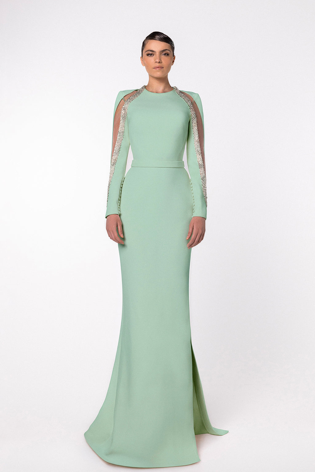 High-Neck Mermaid Dress with Embellished Sleeves and Belted Waistline –  Gattinolli by Marwan