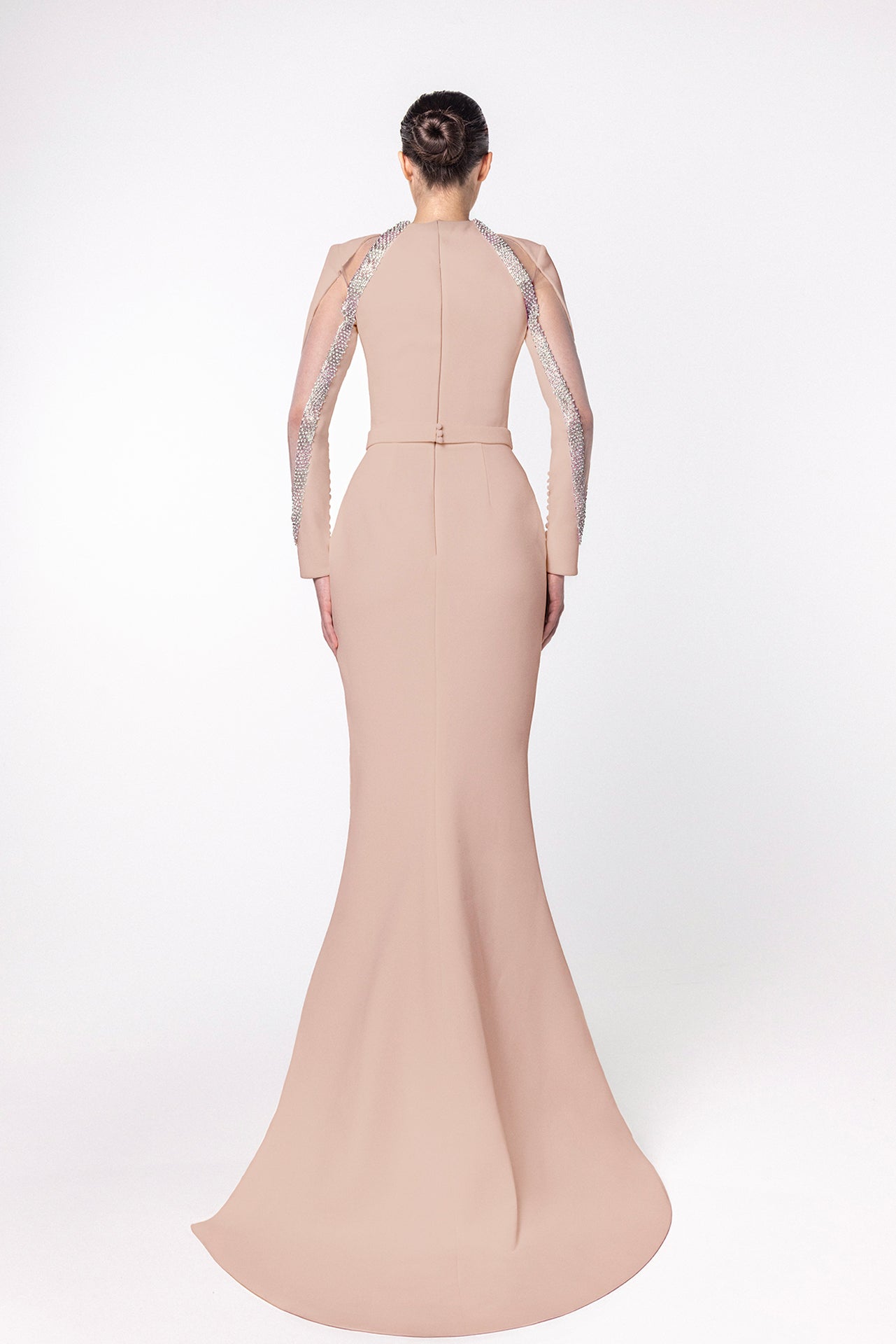 High-Neck Mermaid Dress with Embellished Sleeves and Belted Waistline