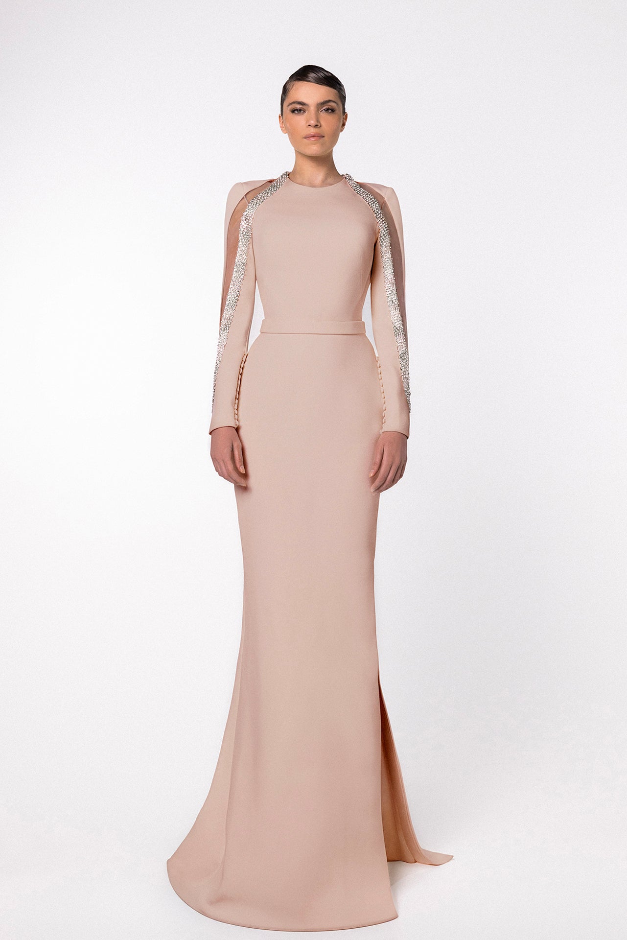 High-Neck Mermaid Dress with Embellished Sleeves and Belted Waistline