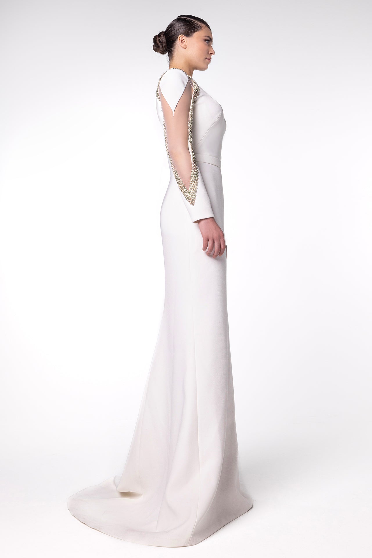 High-Neck Mermaid Dress with Embellished Sleeves and Belted Waistline