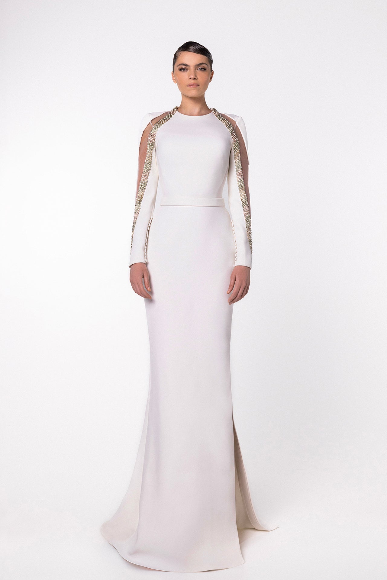 High-Neck Mermaid Dress with Embellished Sleeves and Belted Waistline