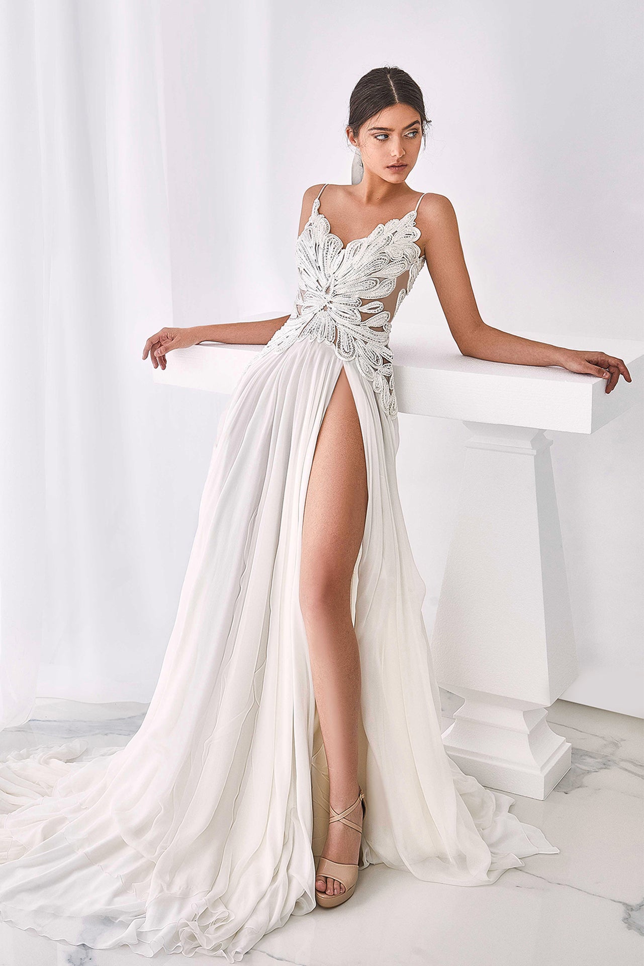 Spaghetti Strap Wedding Gown with Thigh-High Slit