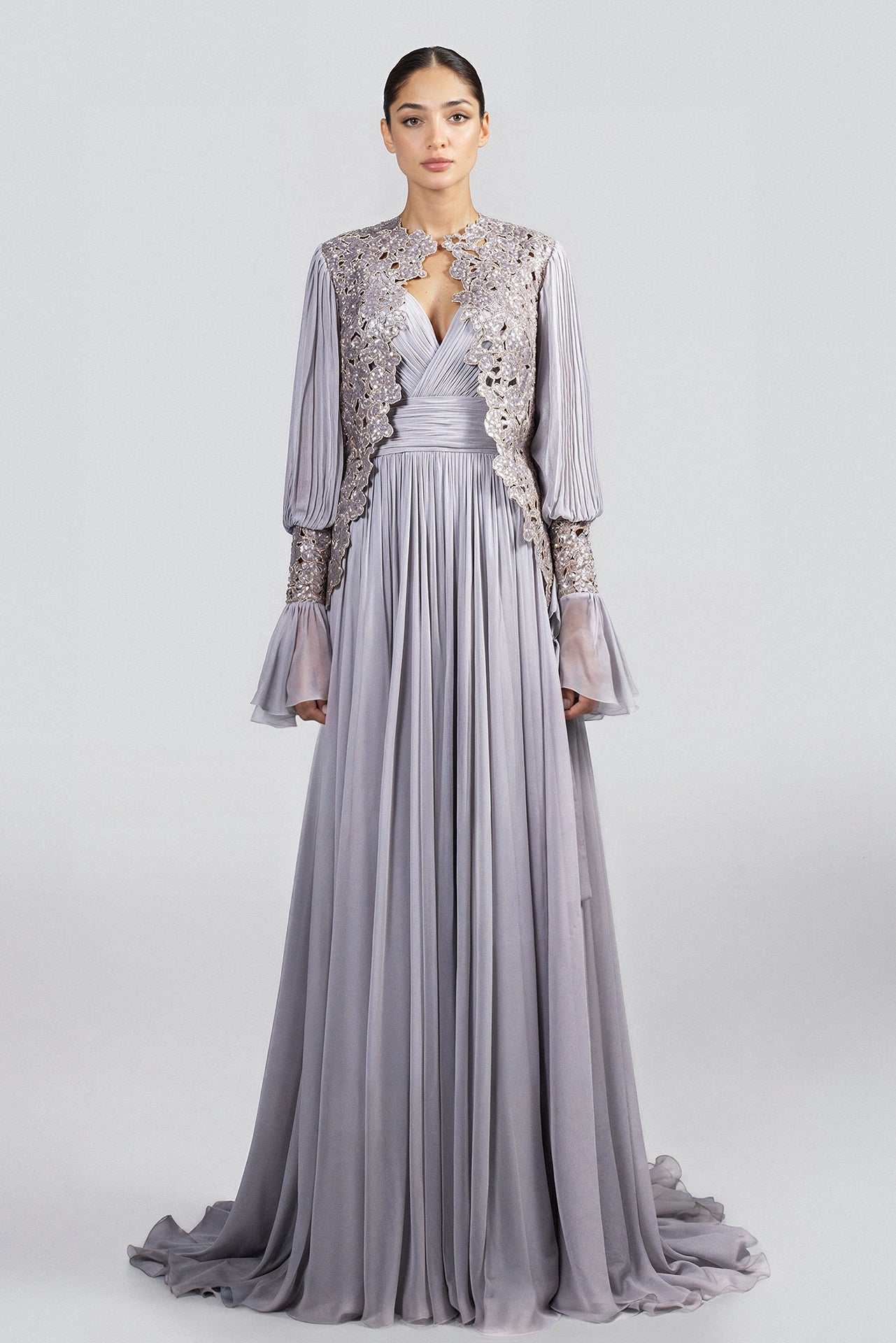 Floor-length Dress with Embroidered Lace Jacket