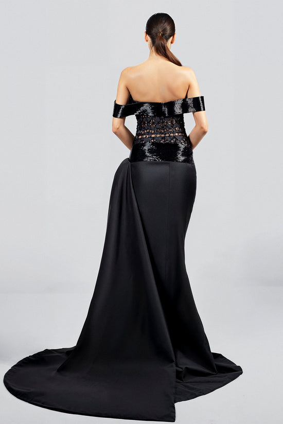 Off-Shoulder Dress with Geometric Bodice and Side-Draped Train