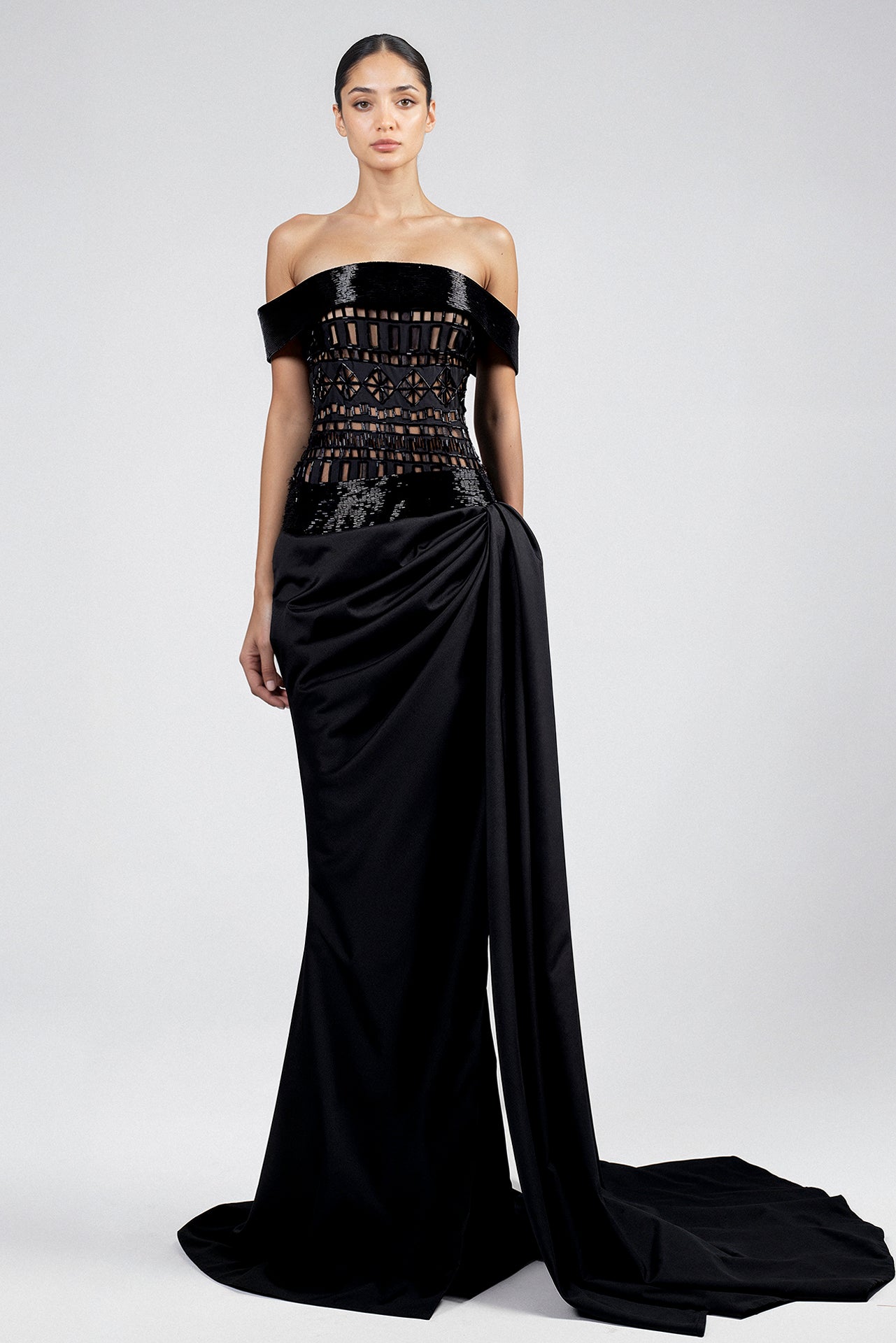 Off-Shoulder Dress with Geometric Bodice and Side-Draped Train