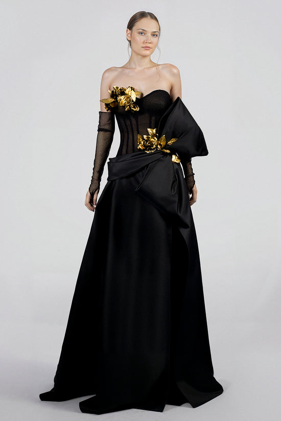 Strapless Evening Dress with Metallic Flowers