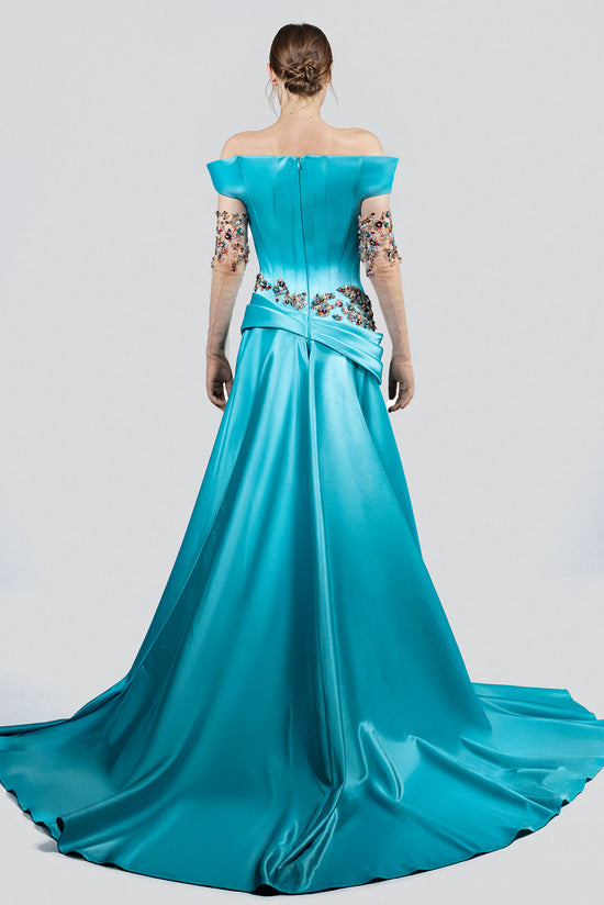 Off-Shoulder Evening Dress with Side Draping