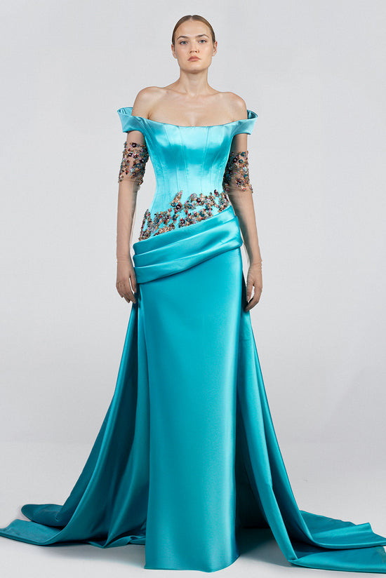 Off-Shoulder Evening Dress with Side Draping