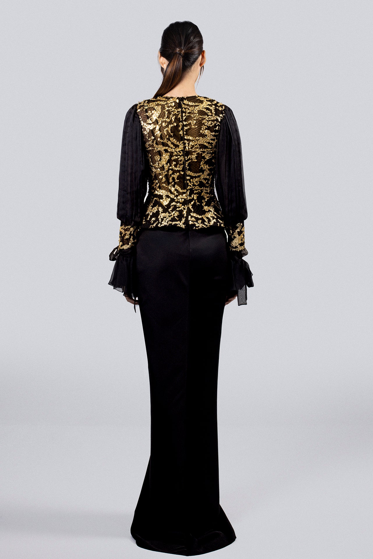 Embroidered Top with Long Sleeves and Floor-Length Skirt