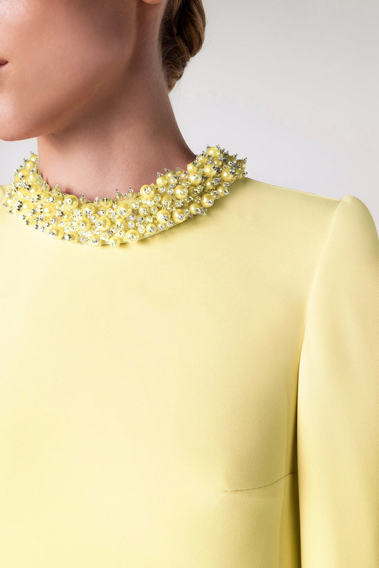 Kaftan with Embellished Neckline and Pleated Hem Detail
