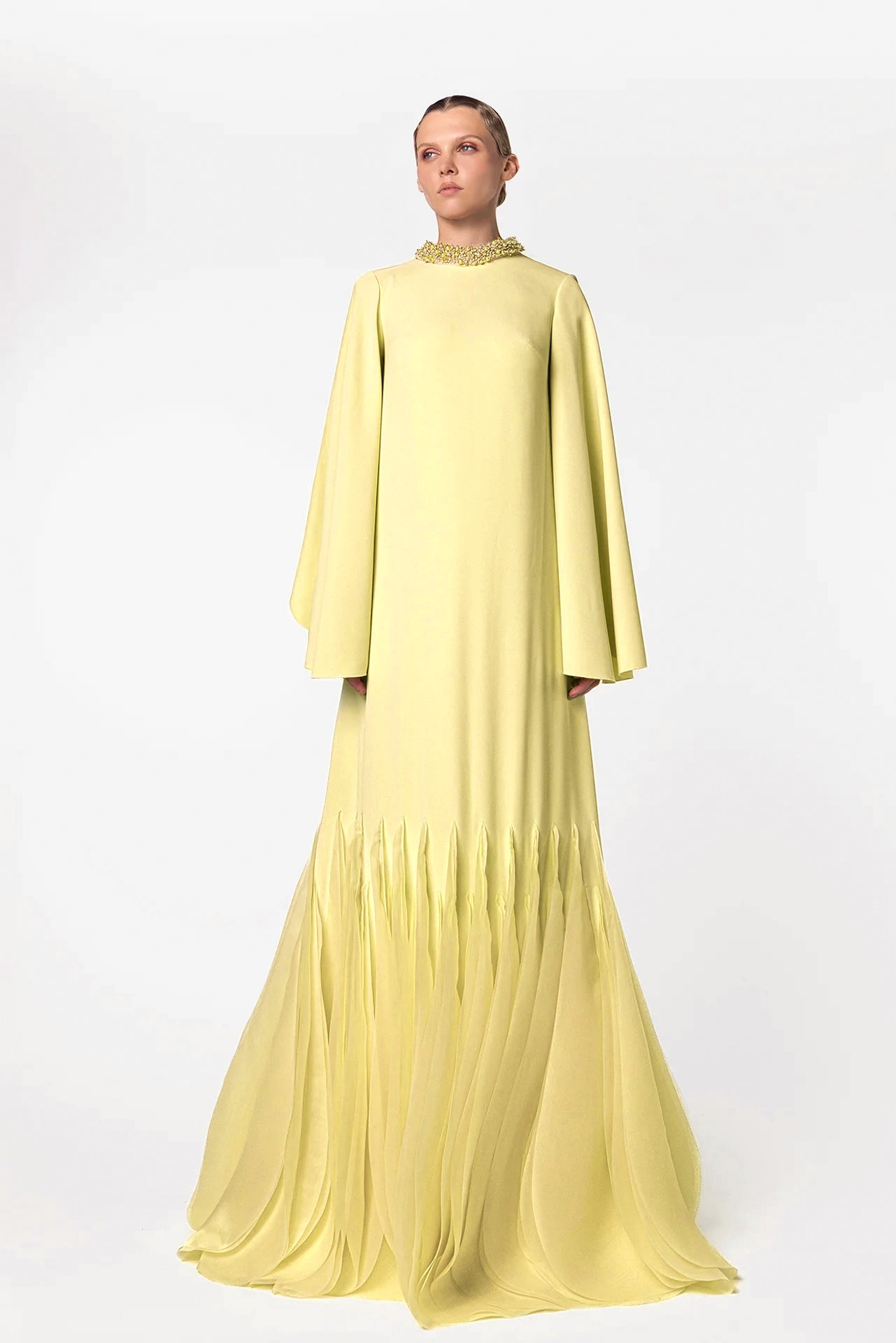 Kaftan with Embellished Neckline and Pleated Hem Detail