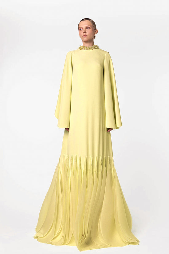 Kaftan with Embellished Neckline and Pleated Hem Detail