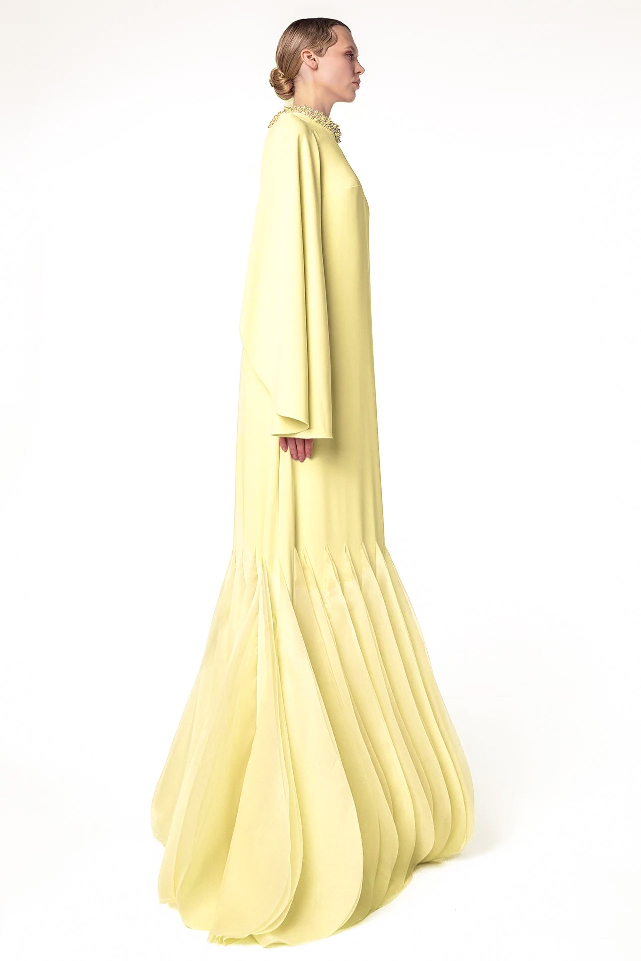 Kaftan with Embellished Neckline and Pleated Hem Detail
