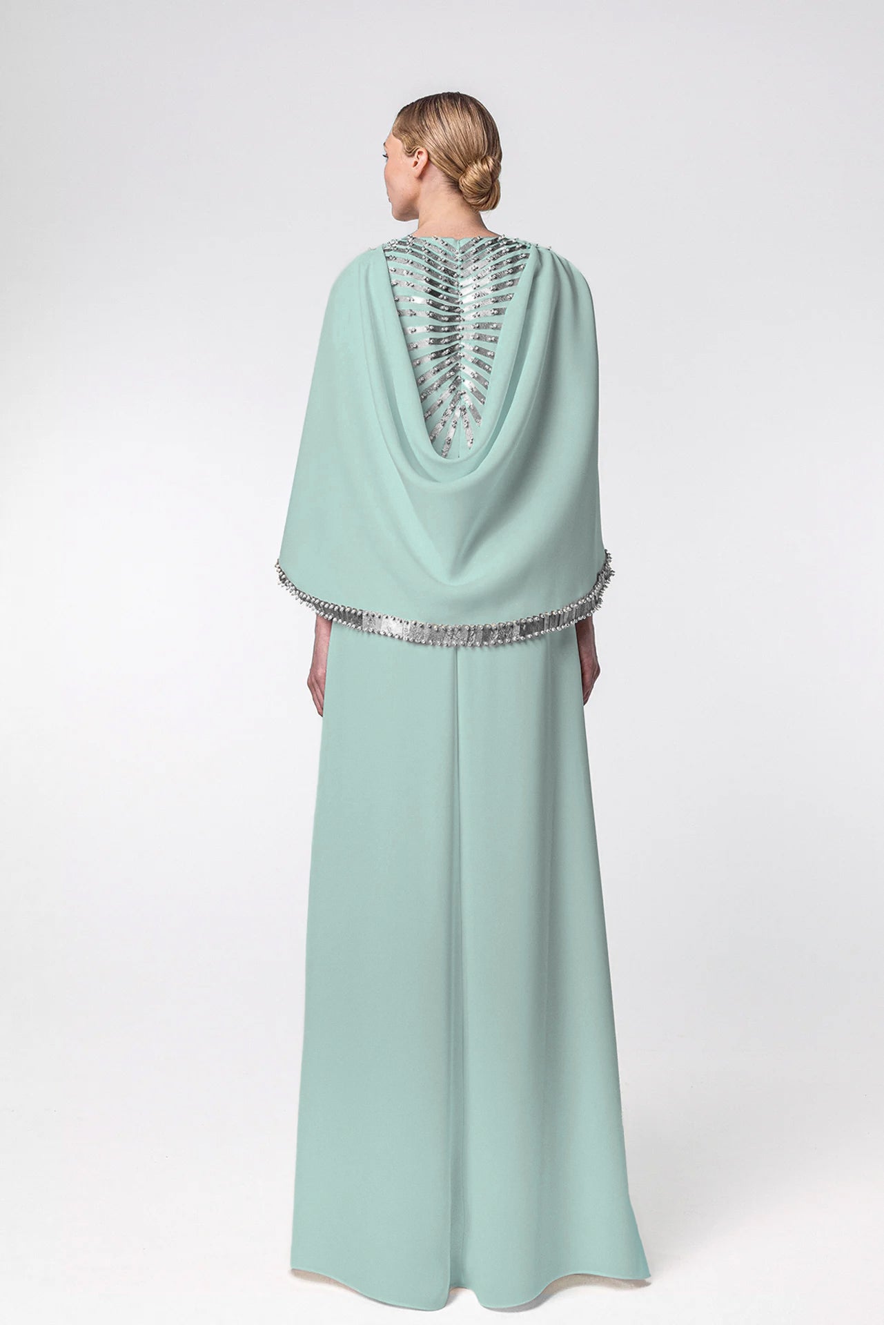 Kaftan with Bell Sleeves and Feathered Embroidery Back Detail