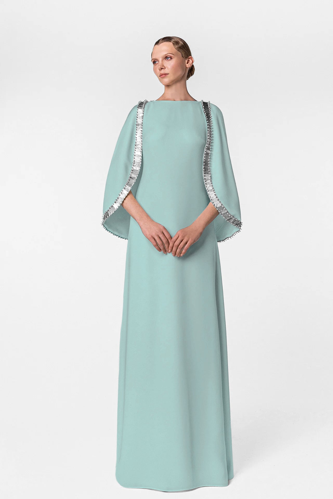 Kaftan with Bell Sleeves and Feathered Embroidery Back Detail