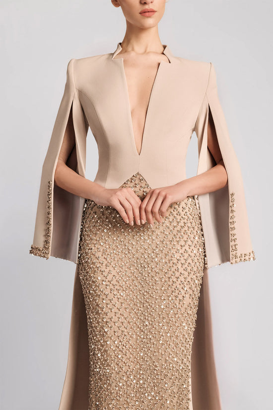 Embroidered Skirt Evening Dress with Cape Sleeves