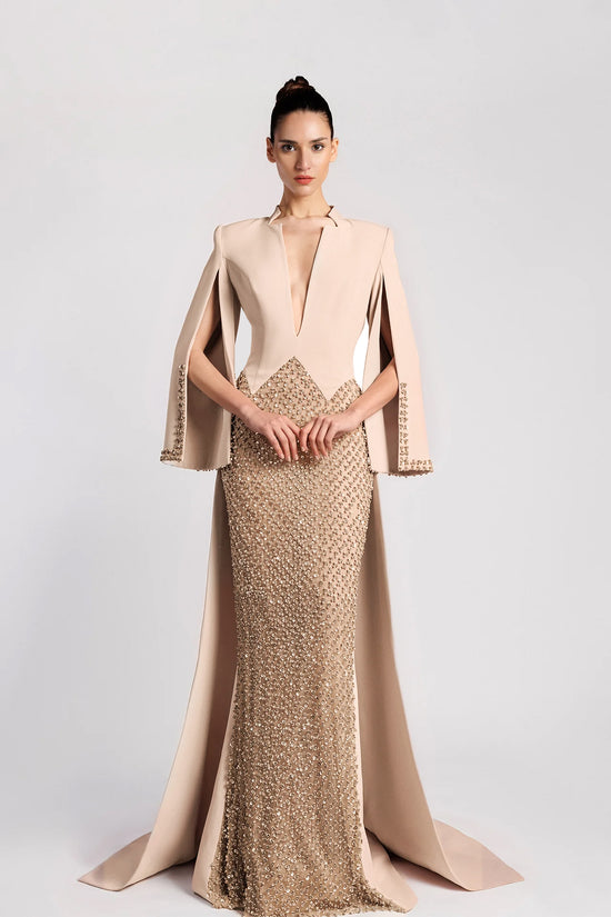 Embroidered Skirt Evening Dress with Cape Sleeves