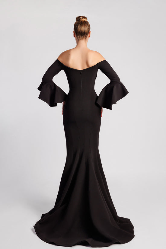 Off-the-Shoulder Mermaid Evening Dress with Flared Cuffs and Nude Embroidered Bust