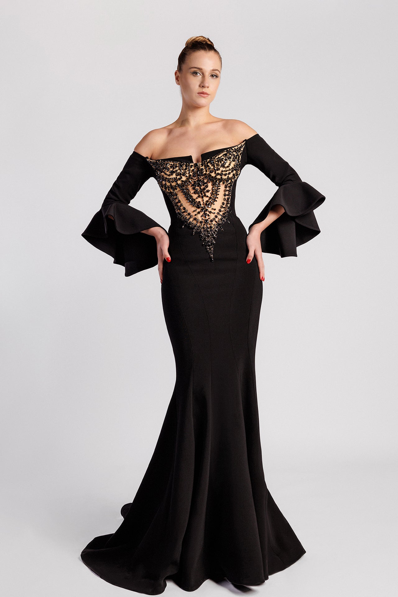 Off-the-Shoulder Mermaid Evening Dress with Flared Cuffs and Nude Embroidered Bust