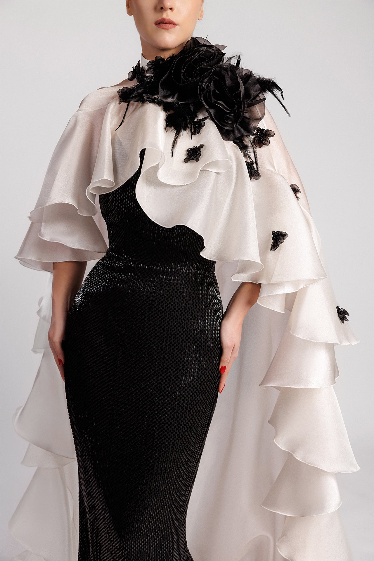 Embroidered Fitted Evening Dress with Cape Gattinolli by Marwan Embroidered Fitted Evening Dress with Cape Gattinolli by Marwan