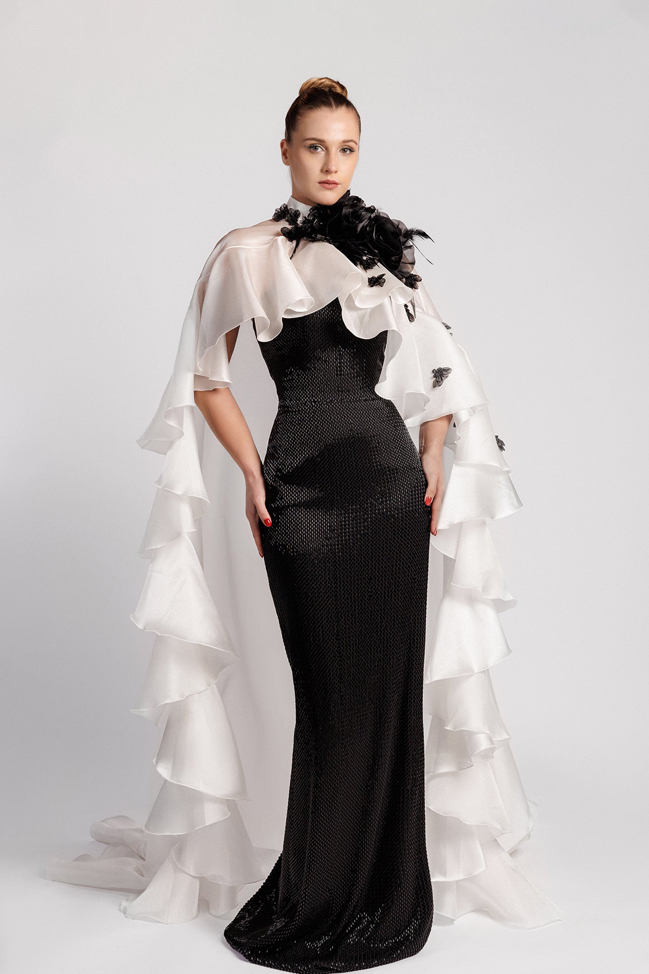 Embroidered Fitted Evening Dress with Cape Gattinolli by Marwan Embroidered Fitted Evening Dress with Cape Gattinolli by Marwan