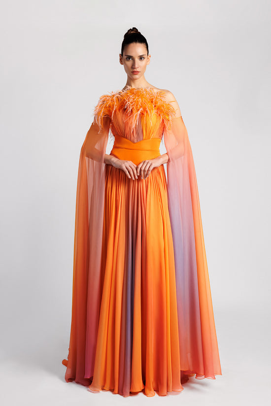 Pleated Off-the-Shoulder Evening Dress with Cape Sleeves and Feathers