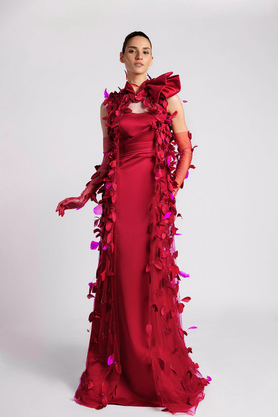 Strapless Mermaid Evening Dress with Draped Petal Kaftan and Tulle Gloves