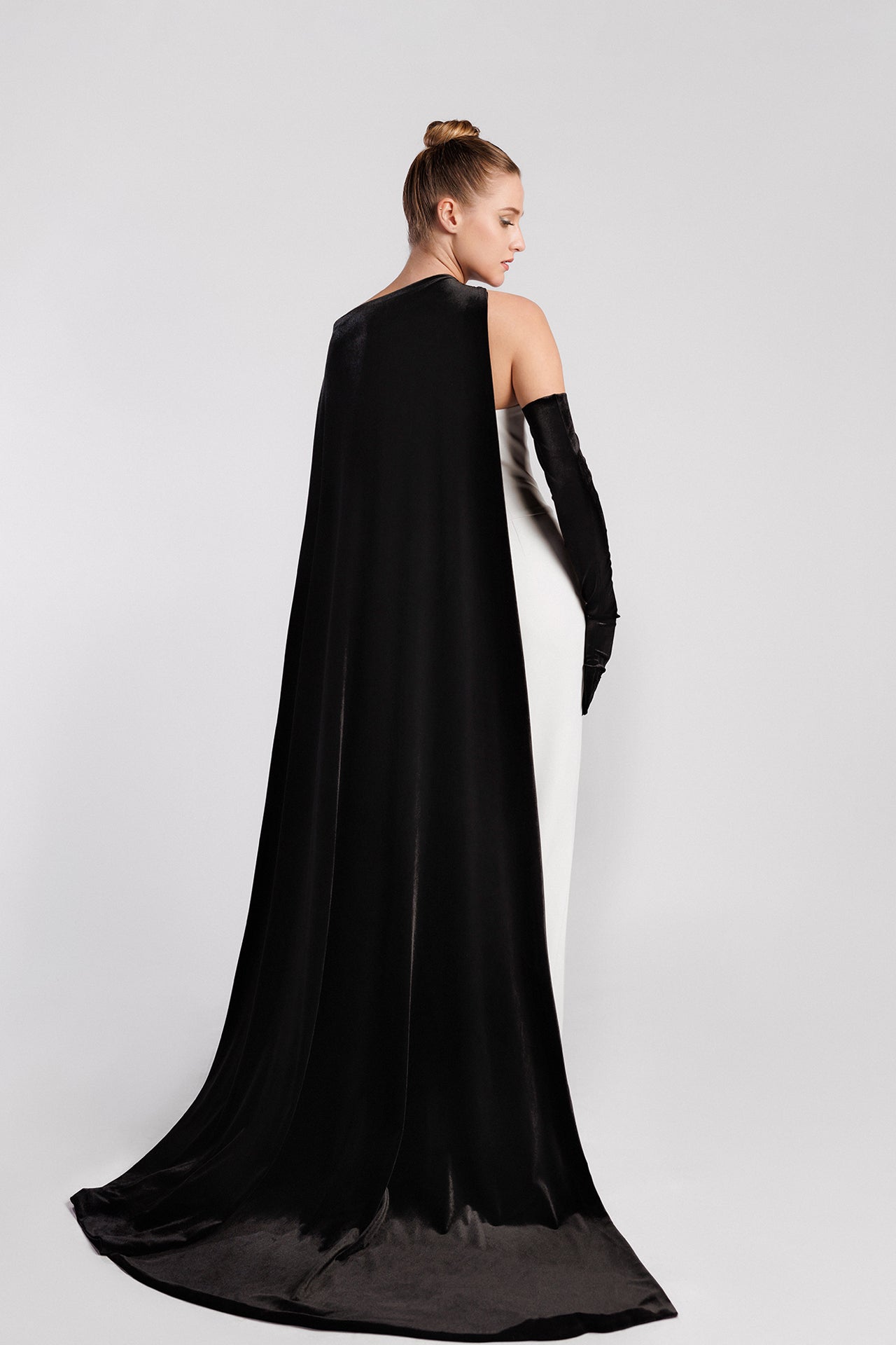 Strapless Mermaid Evening Dress with Swarovski Crystal Embroidery and Velvet Side Cape