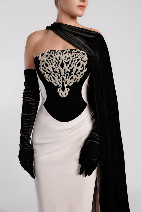 Strapless Mermaid Evening Dress with Swarovski Crystal Embroidery and Velvet Side Cape