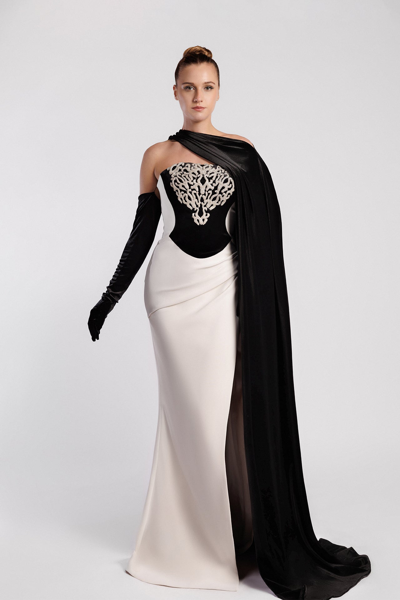 Strapless Mermaid Evening Dress with Swarovski Crystal Embroidery and Velvet Side Cape