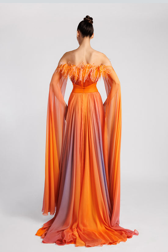 Pleated Off-the-Shoulder Evening Dress with Cape Sleeves and Feathers