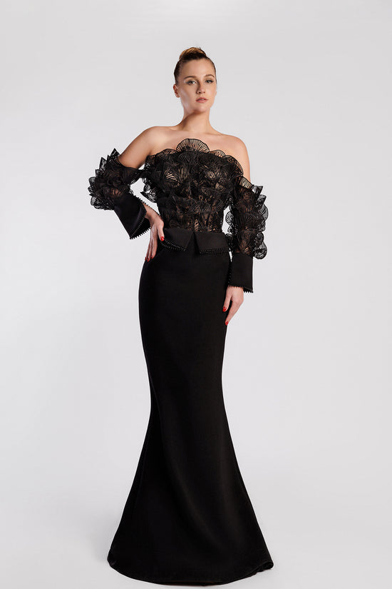 Off-the-Shoulder Mermaid Evening Dress with Laser-Cut Petal Bodice