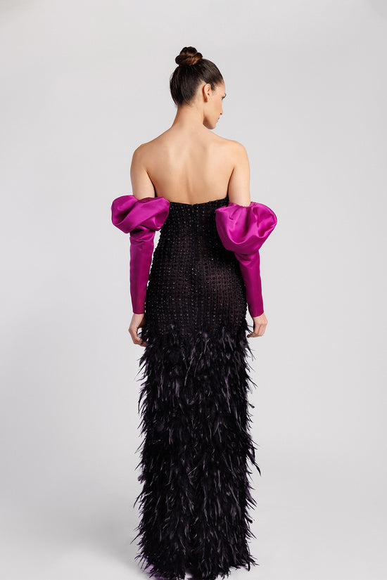 Strapless Evening Dress with Feather Skirt and Satin Puffy Sleeves