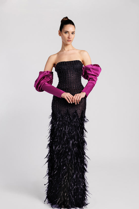 Strapless Evening Dress with Feather Skirt and Satin Puffy Sleeves