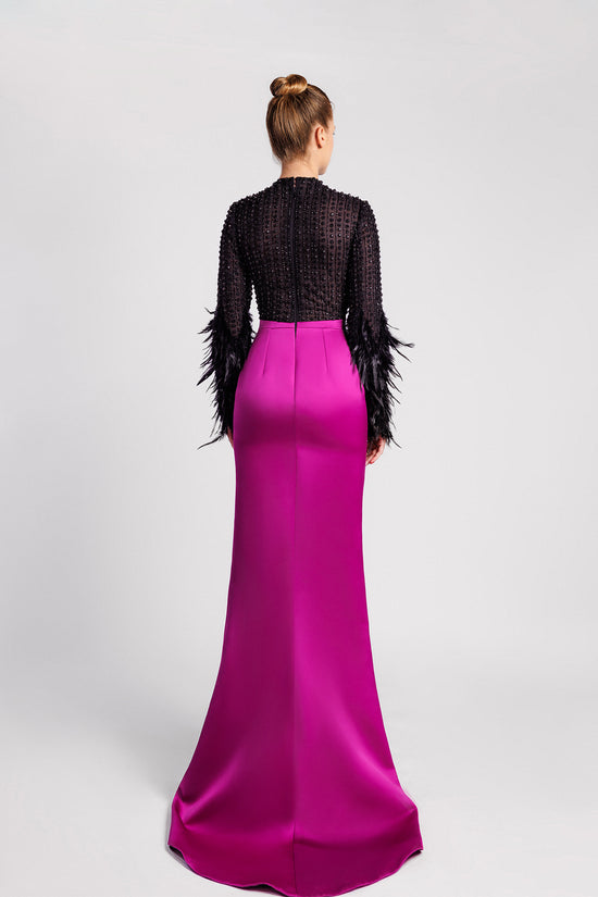 Jewel Neck Mermaid Evening Dress with Crystal and Feather Details