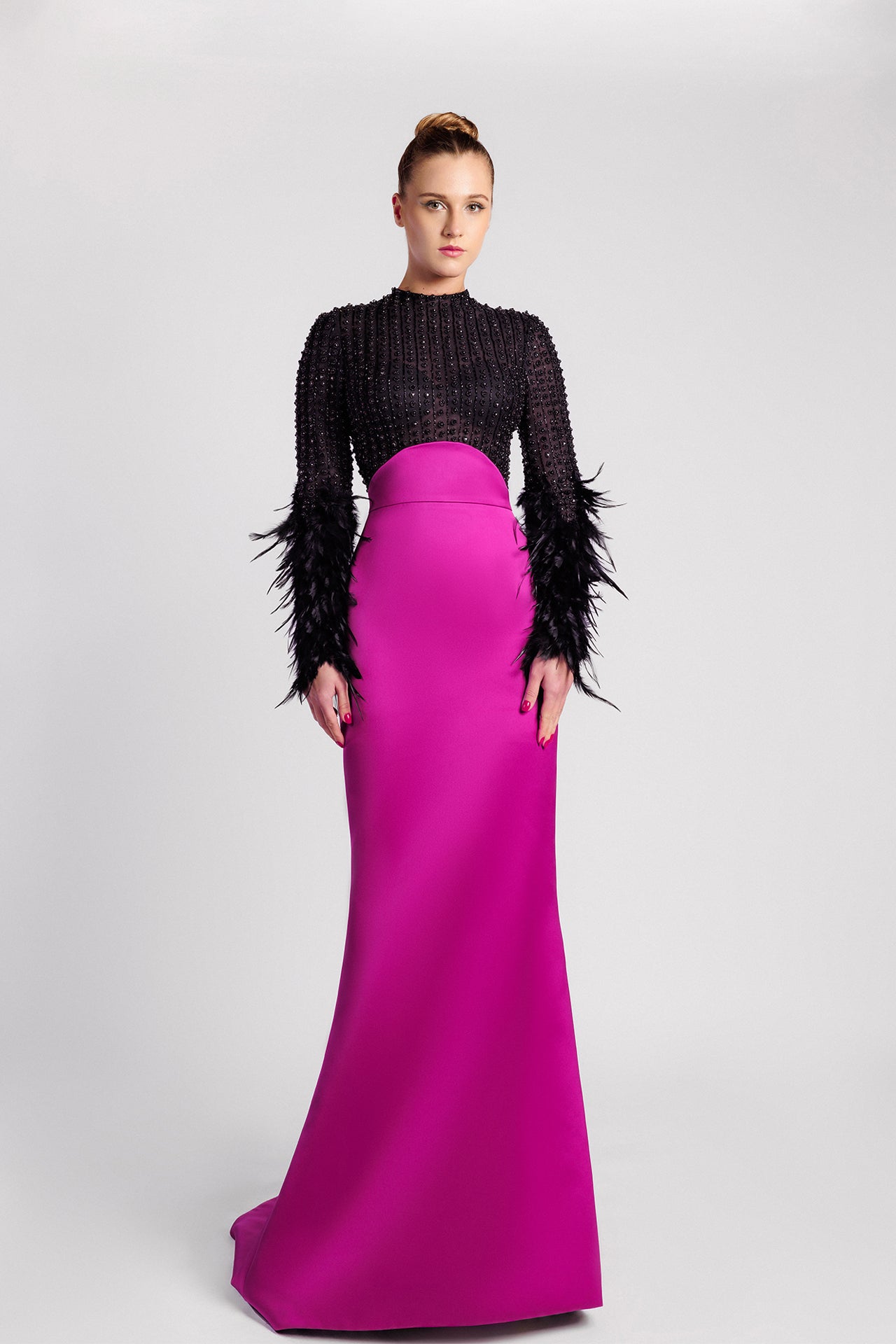 Jewel Neck Mermaid Evening Dress with Crystal and Feather Details