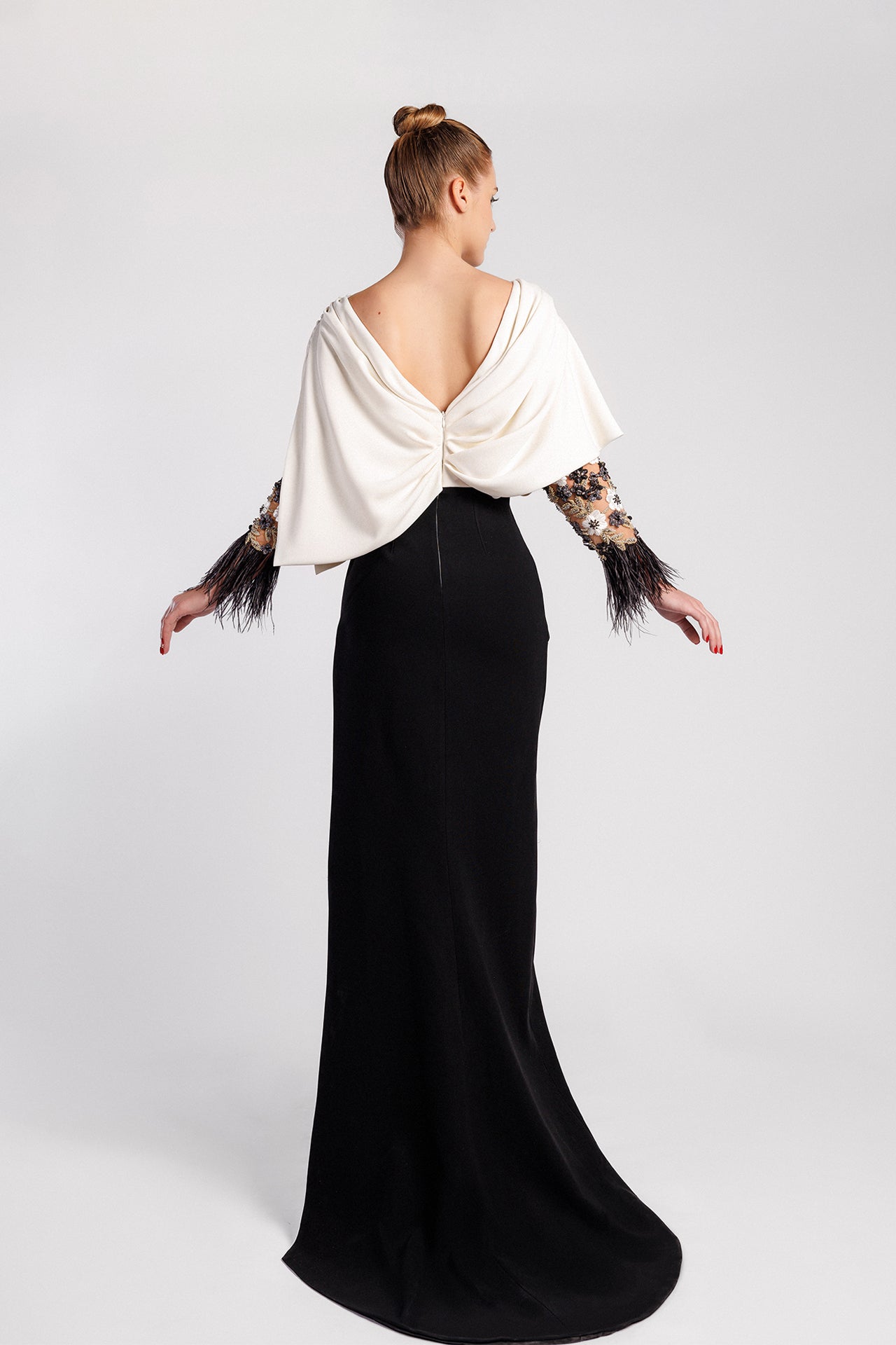 Mermaid Evening Dress with Draped Cape Bodice, Sheer  Sleeves and Feathered Cuffs