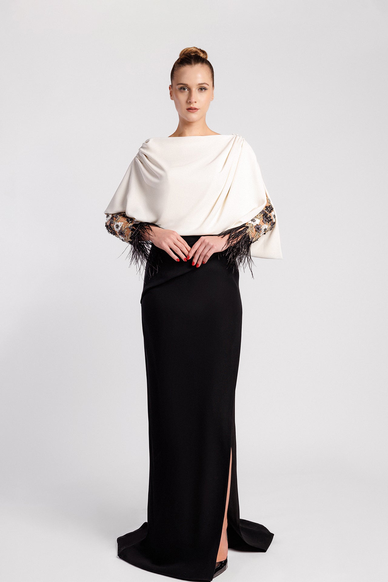 Mermaid Evening Dress with Draped Cape Bodice, Sheer  Sleeves and Feathered Cuffs