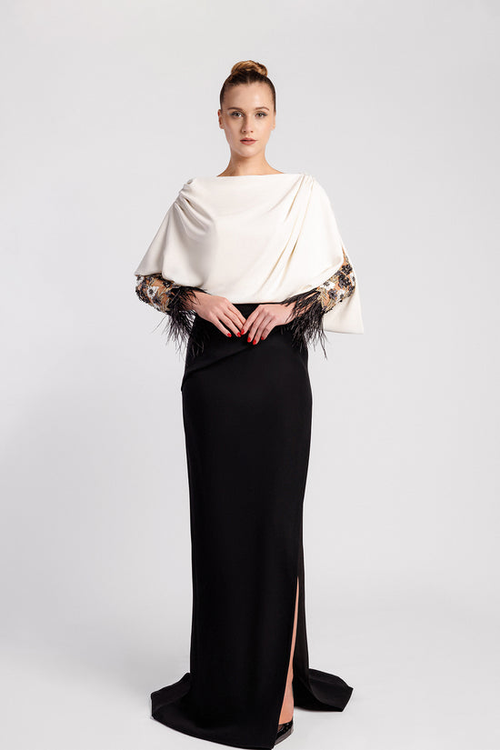 Mermaid Evening Dress with Draped Cape Bodice, Sheer  Sleeves and Feathered Cuffs