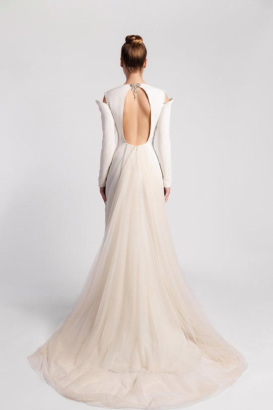 Long-Sleeved Evening Dress with Embellished Bodice, Side Slit Skirt and Overskirt