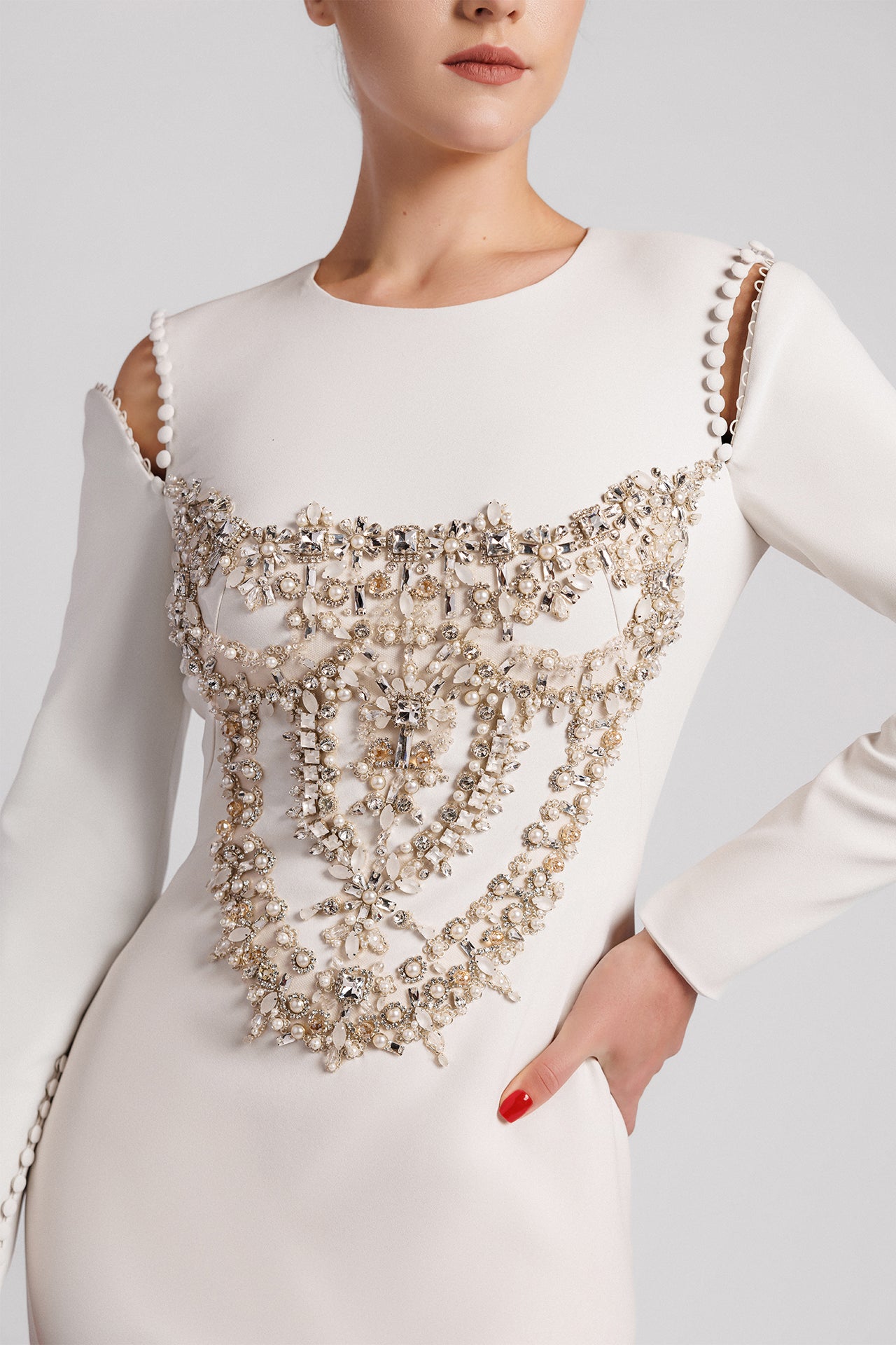 Long-Sleeved Evening Dress with Embellished Bodice, Side Slit Skirt and Overskirt