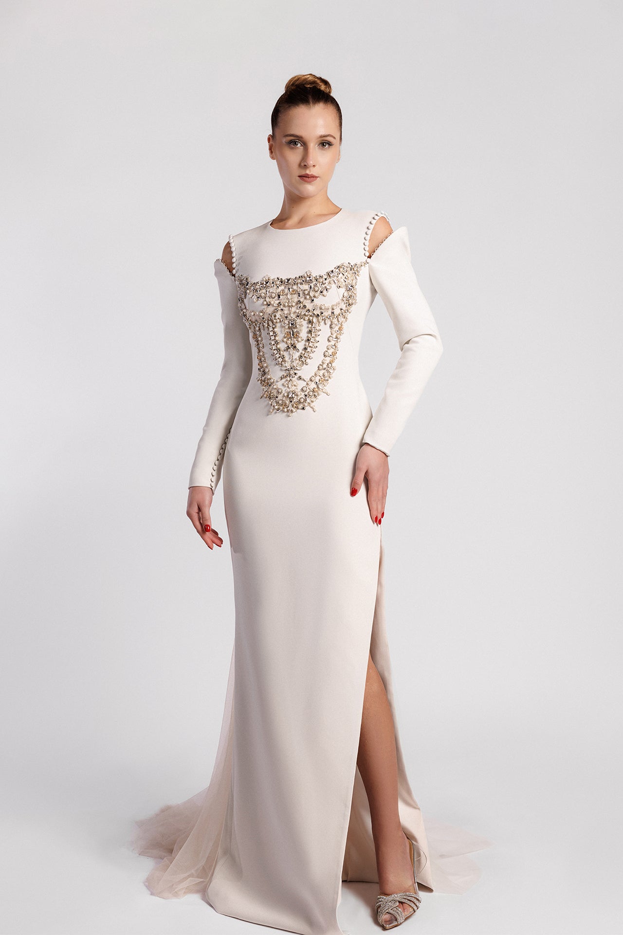 Long-Sleeved Evening Dress with Embellished Bodice, Side Slit Skirt and Overskirt