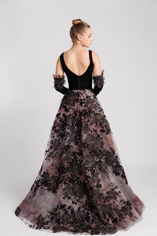 A-Line Evening Dress with Straight Neckline, Velvet Bodice, Embroidered Skirt and Gloves