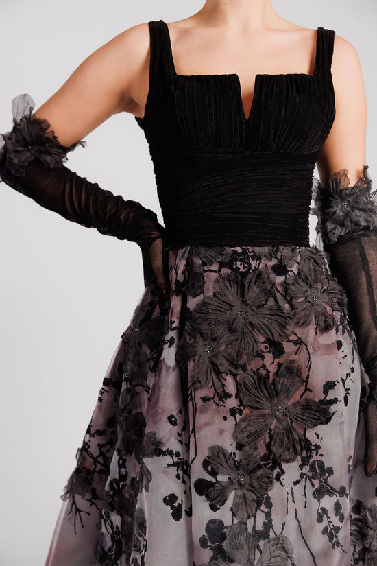 A-Line Evening Dress with Straight Neckline, Velvet Bodice, Embroidered Skirt and Gloves