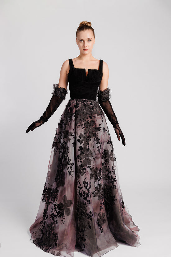 A-Line Evening Dress with Straight Neckline, Velvet Bodice, Embroidered Skirt and Gloves