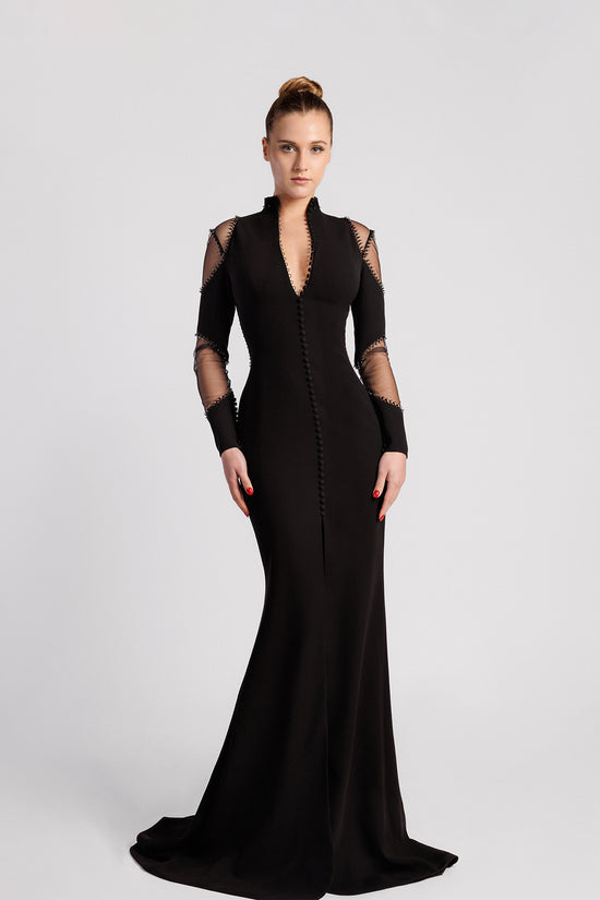 Mermaid Evening Dress with V Neckline and Button Details