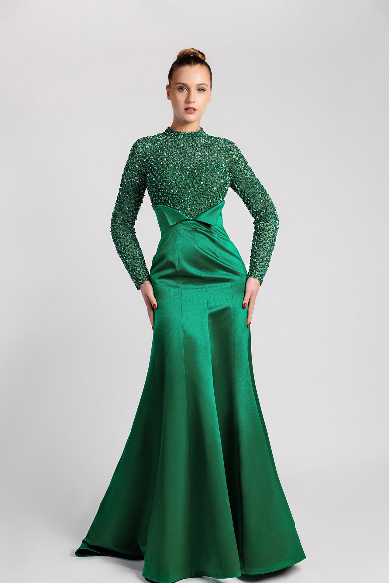 Emerald Sequined Long-Sleeved Mermaid Evening Dress